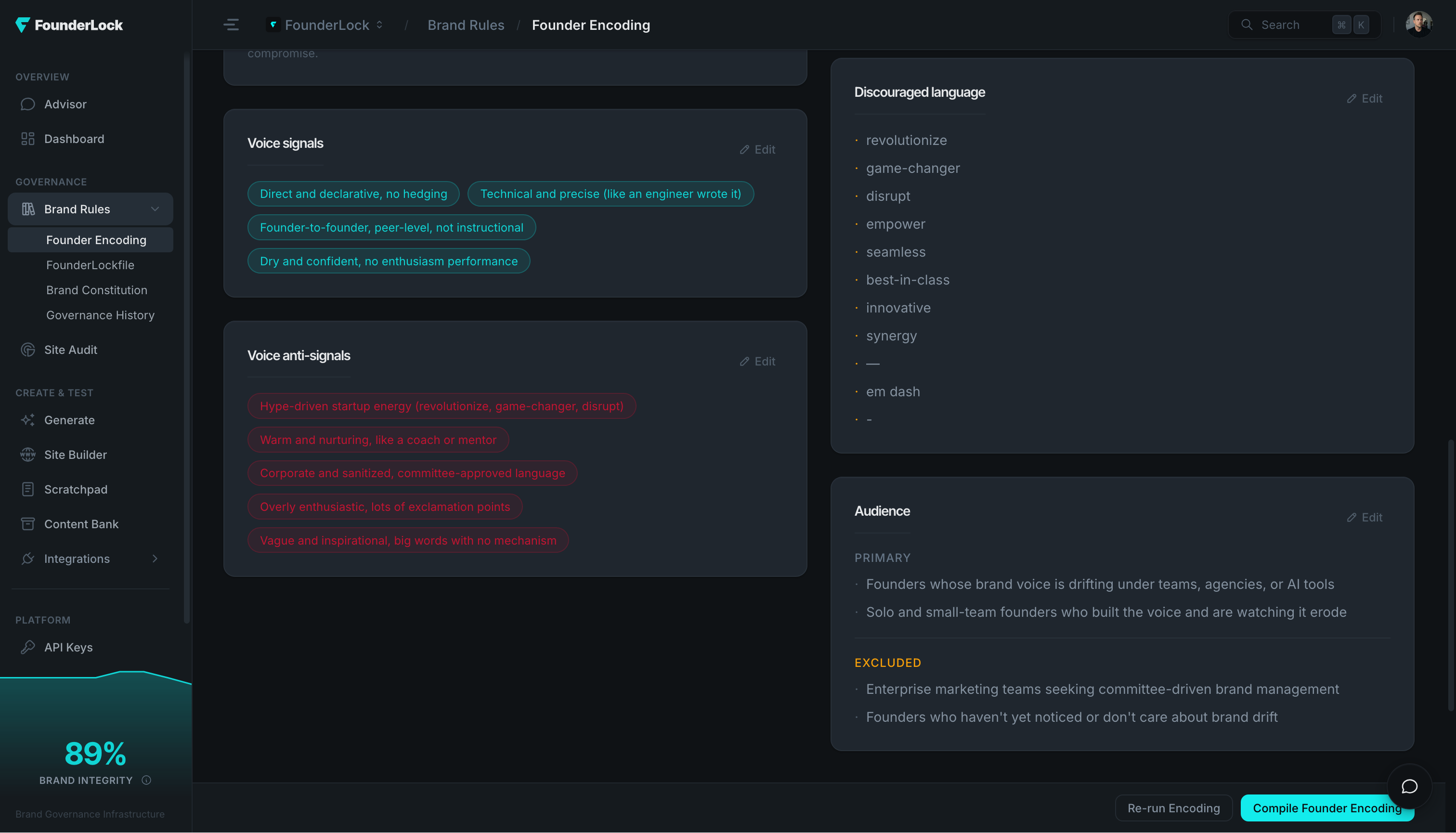 The Founder Encoding view, showing the brand's voice signals and anti-signals captured as on-brand and off-brand examples, alongside the discouraged-language list.