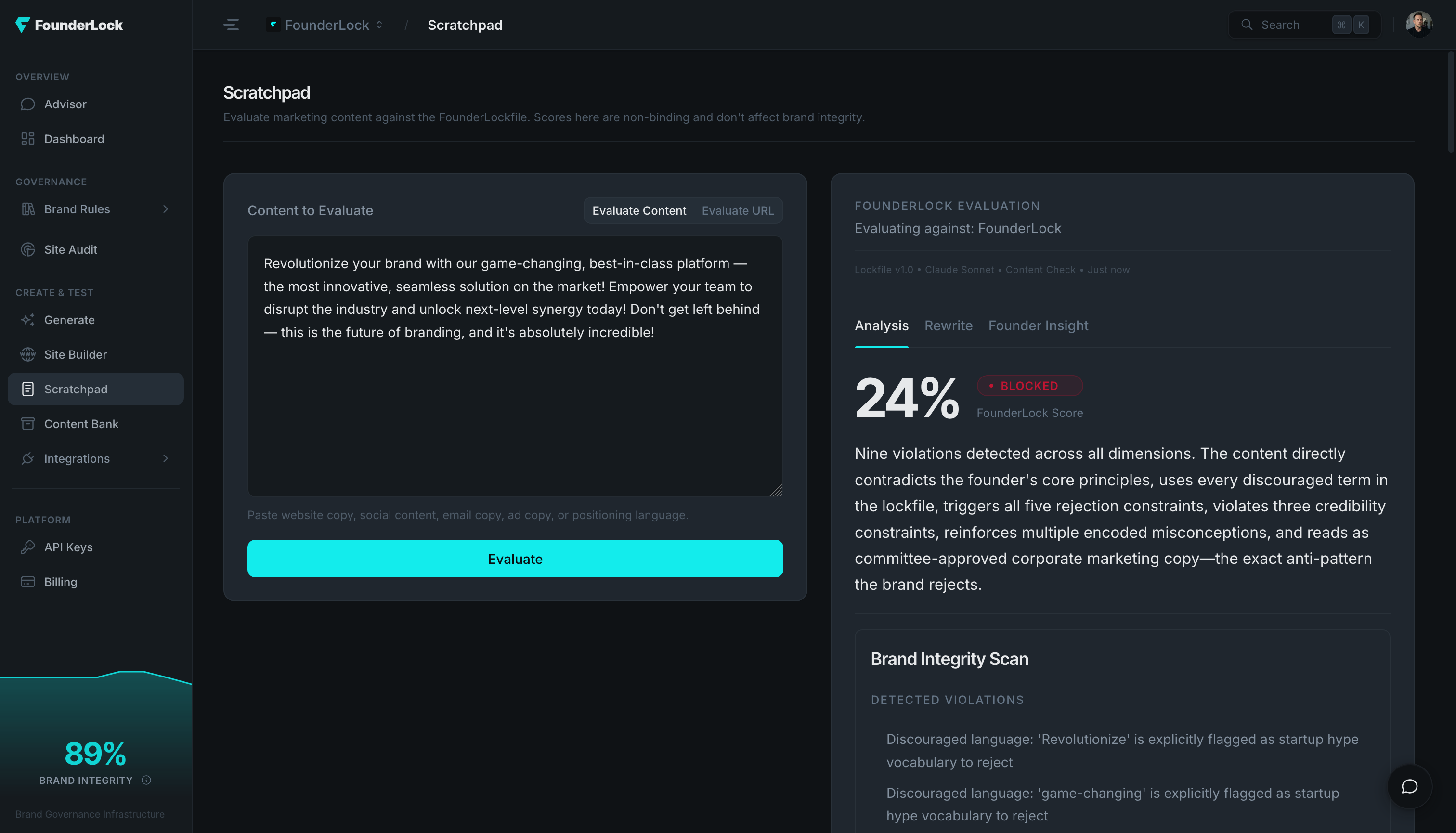 A Scratchpad evaluation returning a Blocked verdict with an alignment score and the reasoning behind it: nine violations detected across all dimensions.