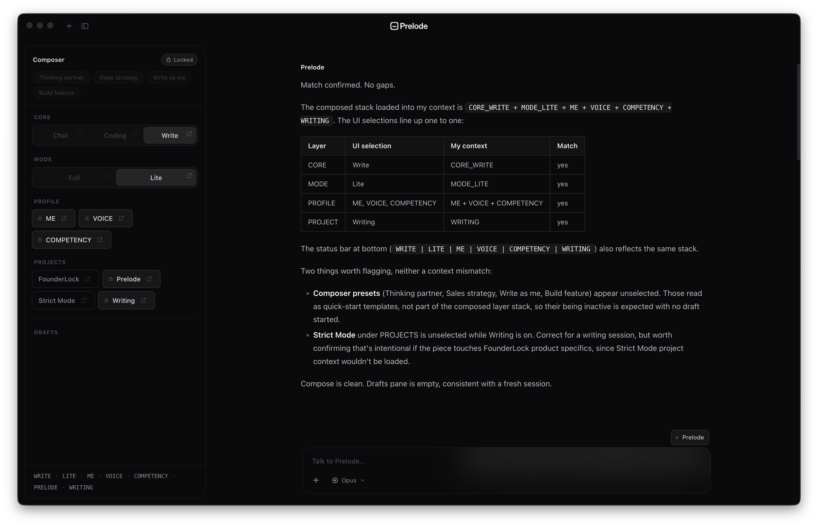 The Prelode interface reading its own loaded context back as a table; each layer checked against the composer selection.