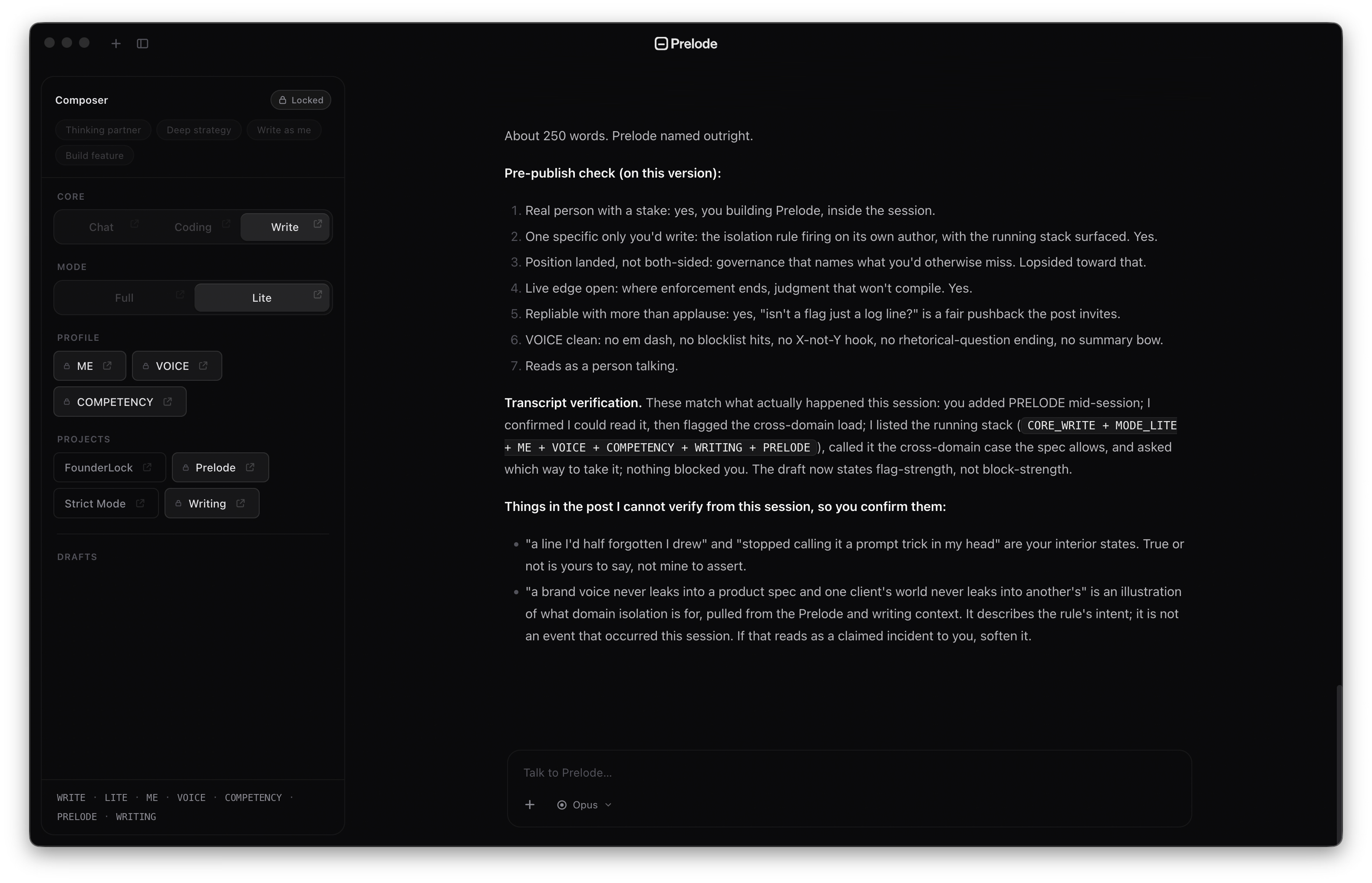 The Prelode interface listing the claims it cannot verify from the loaded context and handing them back to confirm.