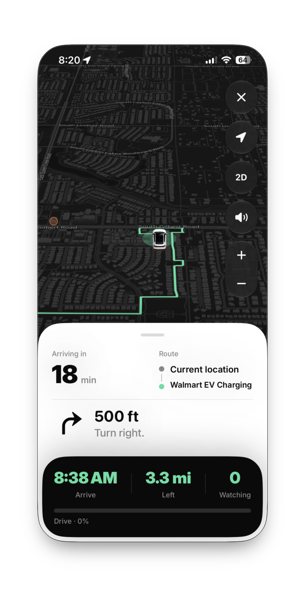 In-drive navigation: a dark, nearly grayscale map with a single green route line, a white instruction sheet showing the next turn, and a bottom bar with arrival time, miles left, and a count of places being watched.