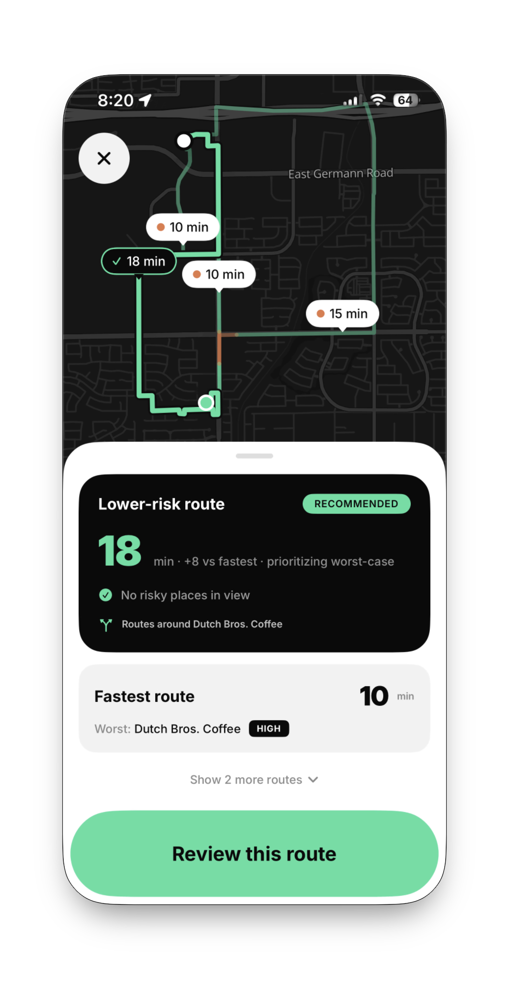 RobinWay route comparison: a recommended lower-risk 18 minute route that routes around a flagged place, shown against the fastest 10 minute route with its worst trigger labeled HIGH.