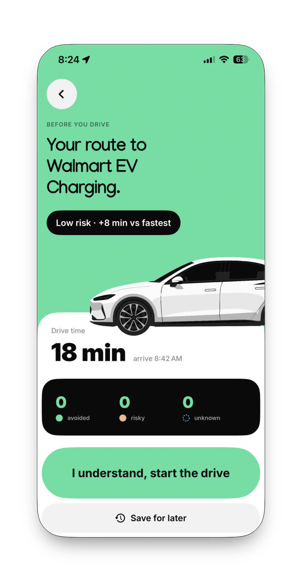 The pre-drive checkpoint: your route to the destination, a low risk badge with the time cost versus the fastest route, counts for avoided, risky, and unknown places, and a button reading I understand, start the drive.