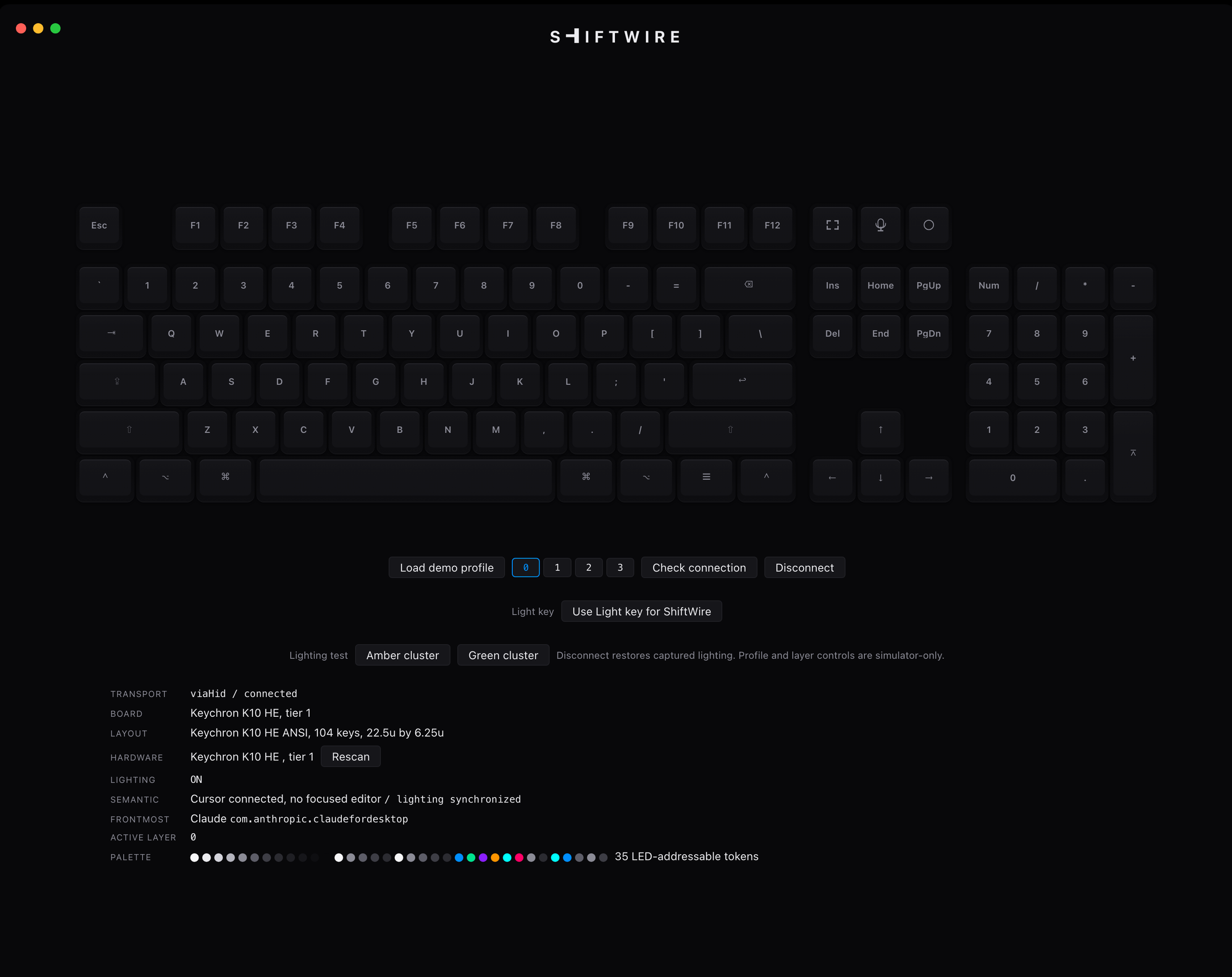 The same ShiftWire window with an entirely unlit board and a single row reading “Light key” with one button, “Use Light key for ShiftWire.”