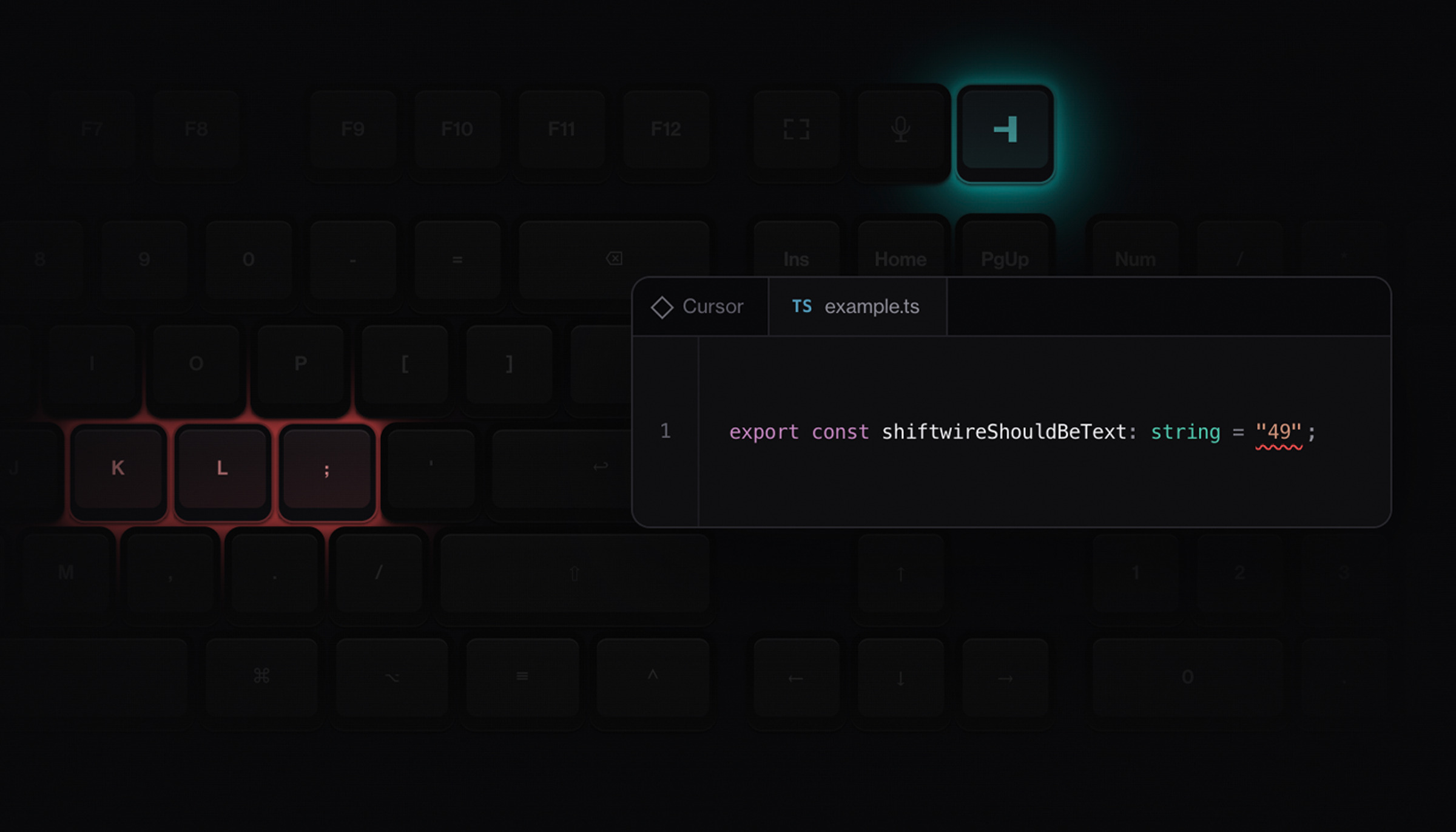A dark keyboard with three keys lit red beneath a floating editor panel showing a TypeScript error, and one key above them glowing cyan.