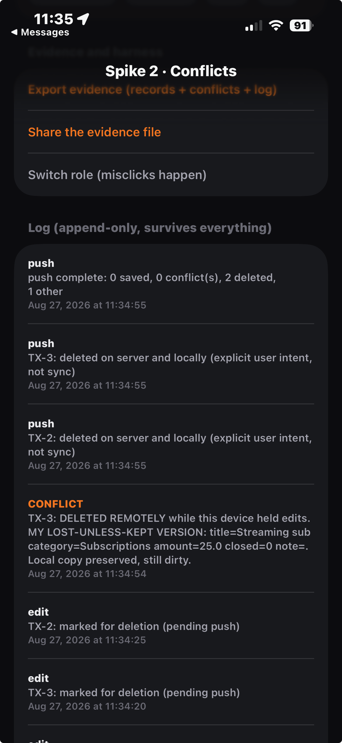 The conflict harness records a stale delete that succeeded without a conflict.