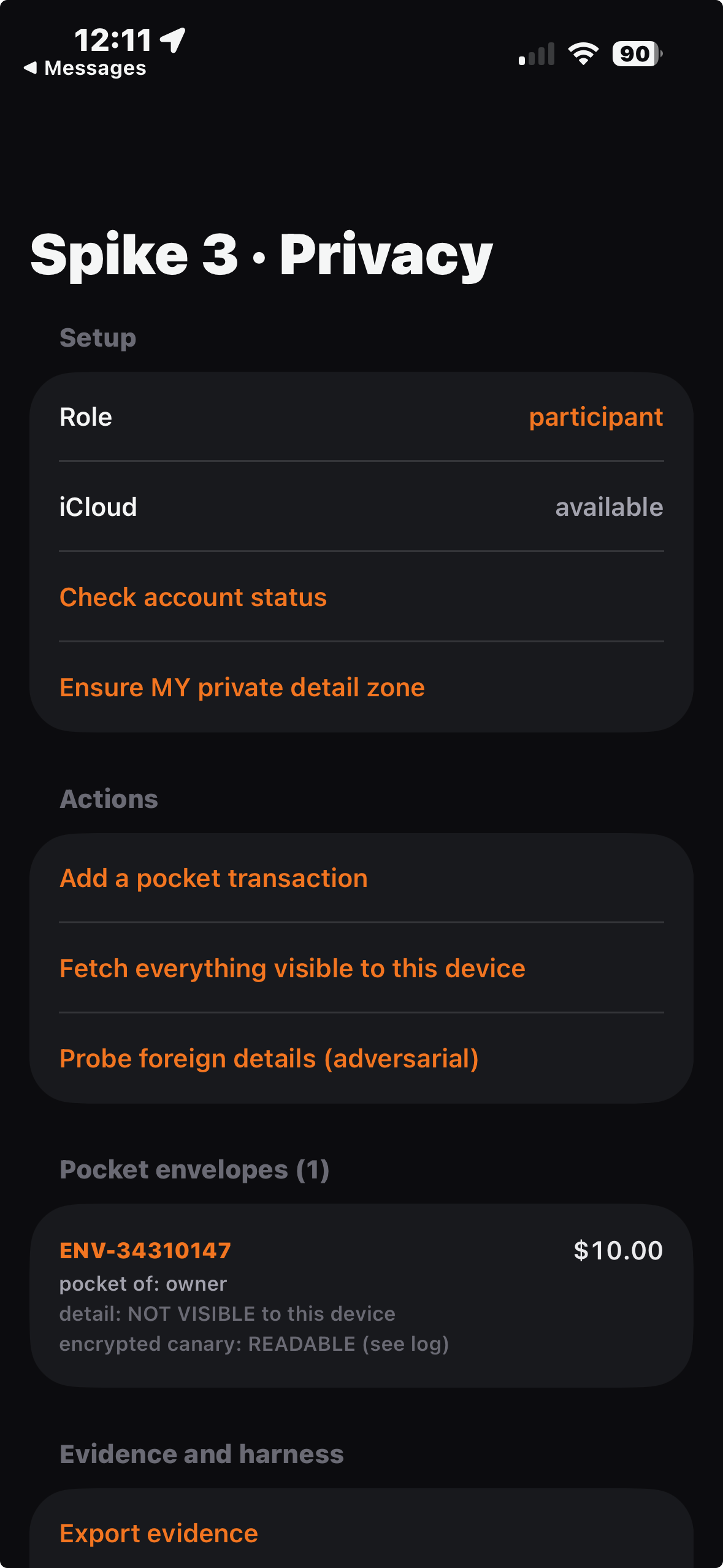 The participant sees the shared amount, no private detail, and a readable encrypted canary.