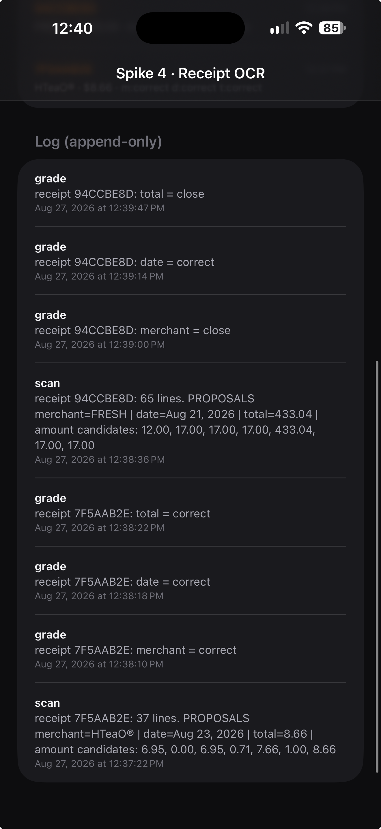 The OCR harness records the candidates behind one correct result and one bad one.