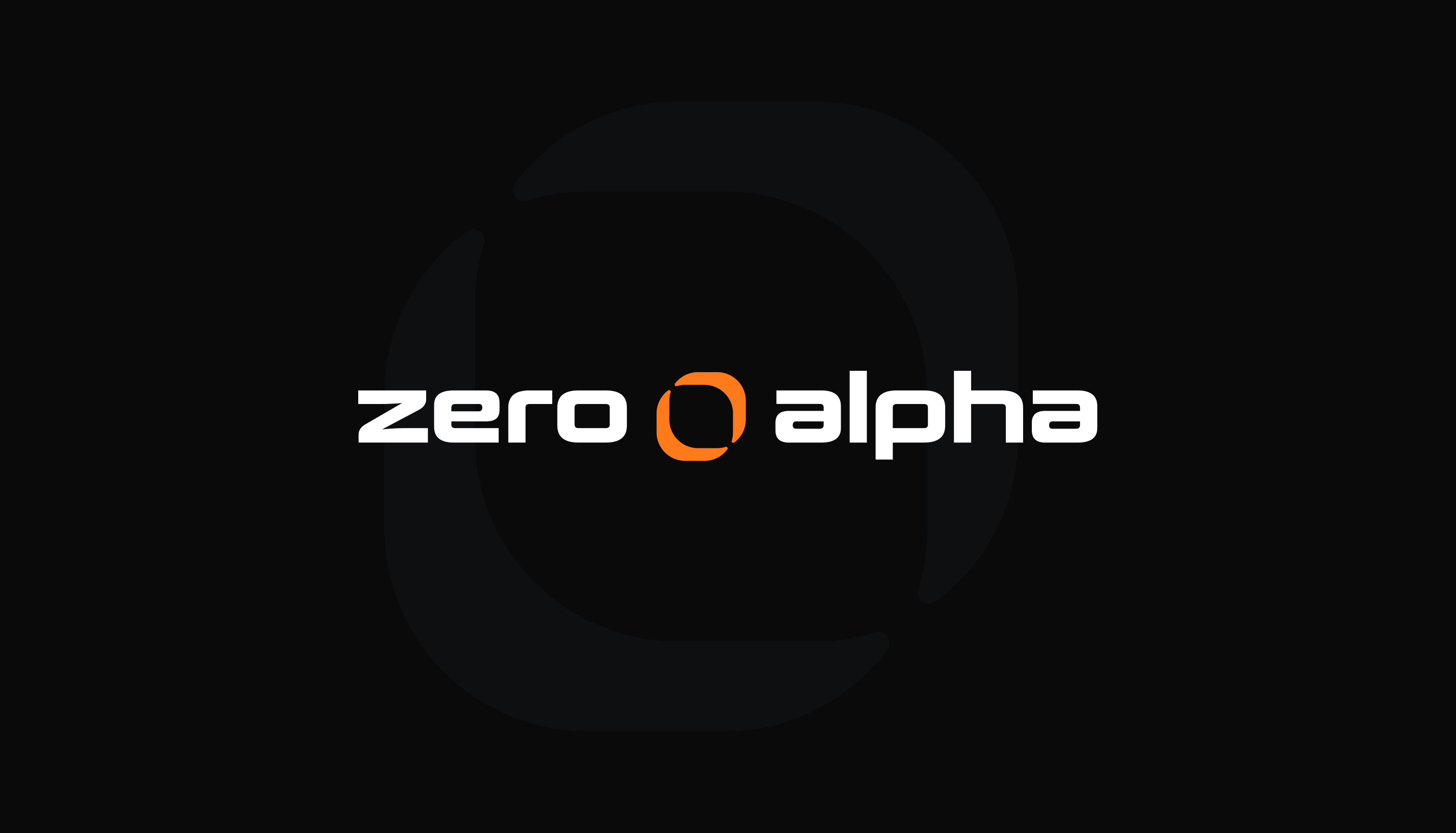 Zero Alpha wordmark in white and orange over a nearly black circular mark.